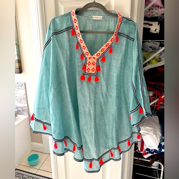 Shiraleah Tops - Chic Sheer Teal Kimono with Black Trim